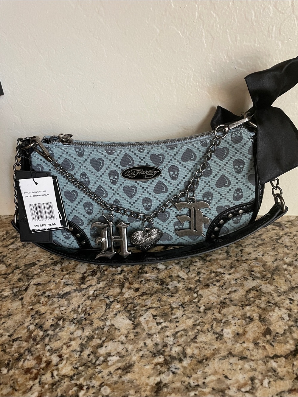 Ed Hardy Light Blue Skull & Heart Mini Shoulder/Crossbody Bag with Black Trim.